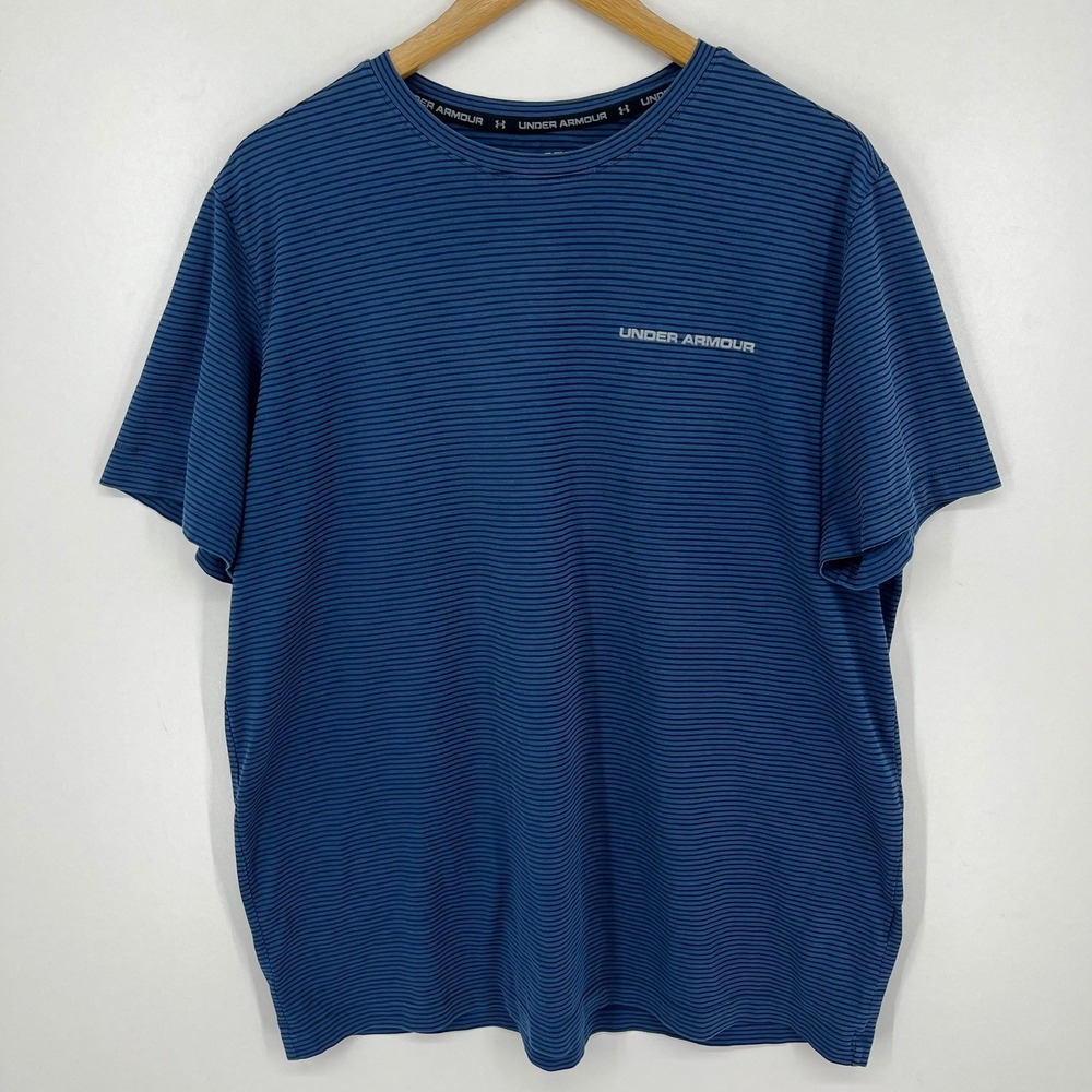 Under Armour HeatGear Mens XL‎ Blue Striped Short Sleeve Athletic T-Shirt Loose